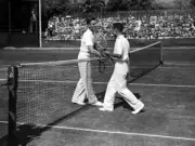 British tennis player Fred Perry shaking hands Jiro Satoh Japan af- 1930s Photo