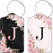 [FIDWALL] 2 Pieces Personalised Suitcase Tags with Initials, Suitcase Luggage Tags PU Leather Travel Luggage Tags for Women and Girls (J)