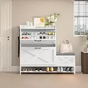 DWVO Farmhouse Shoe Storage Cabinet Features 2 Flip Drawers for 16 Pairs, Chic Entryway Bench and Rustic Design for Living Rooms and Hallways (White)