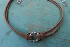 Adjustable Light Brown/ Tan Leather Suede Choker Boho Necklace, Silver Tone, NEW