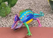 Handpainted Multicolor Metal Chameleon Yard Art Garden Decor