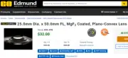 Edmund Optics 25mm dia. 50.0mm FL MgF2 Coated, Plano Convex Lens 32-478