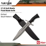 Survivor Etched Skull Pattern 17.25" Hunting Bowie Fixed Blade Knife Sv-fix011bk