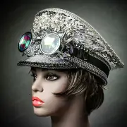 Steampunk Goggles Military Captain Cap Sequin Rhinestone Music Party Hat Silver