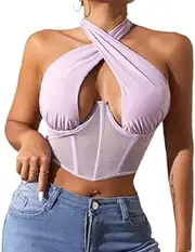 [Generic] Women's Crisscross Halter Corset Bustier Mesh Bone Tank Tops Wrap Cut Out Backless Crop Tops Vest Cami