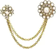 [Knighthood] White Stone and Pearls Flower and Hanging Tassel Chain Collar Pin Brooch, Suit Stud, Shirt Studs, Lapel Pin Accessories for Men Women, Metal, no gemstone