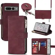 [Jaorty] Fit for Google Pixel 7 Pro Phone Case Wallet for Women with Crossbody Strap Lanyard,Pixel 7 Pro Wallet Case with Card Holer,Zipper Pocket PU Leather Phone Case for Pixel 7 Pro, 6.7",Burgundy