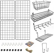 4 Pack Wire Wall Grid Panel with Accessories | Includes Hanging Baskets, Letter Sorter, Shelf & Hook Rack | Complete Set | Wire Notice Board | Hanging Home, Office & Kitchen Décor | Photo Board