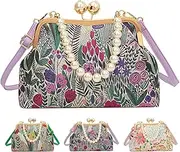 [Generic] Vintage Embroidered Flower Handbag, Flower Embroidery Rustic Shoulder Bag, Retro Pearl Chain Crossbody Bag with Kiss Lock Closure for Women