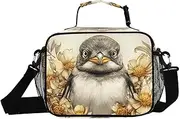 QGBYMX Penguin Floral Cute Lunch Box for Men Women Insulated Lunch Bag for Travel, Work, Picnic, Reusable Cooler Tote Bag with Adjustable Shoulder Strap