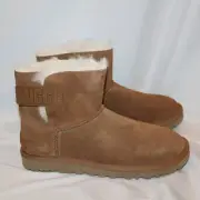 NIB UGG WOMEN'S MINI BUCKLE LOGO SUEDE SHEARLING LINED ANKLE BOOTS CHESTNUT 7