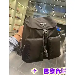 ✈️巴黎代購✈️ PRADA 全新大款黑色尼龍銀釦三角牌束口前雙拉鍊口袋後背包 1BZ005