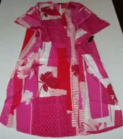 NWT Natori PINK/RED/WHITE Geo KABUKI Silky Crepe 52" ZIP CAFTAN L Pockets GREAT