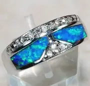 Australian Opal Inlay & White Topaz 925 Sterling Silver Ring Jewelry Sz 8 PB360