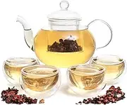 Moss & Stone 6 PCS Glass 27oz Tea Kettle Infuser Gift Set, Borosilicate Glass Teapot with Removable Glass Strainer & 4 Double-Wall Glass Cups