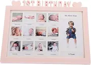 1st Birthday Picture Frame，Newborn Baby Photo Frame with， 13 Inserts，Plastic Growth Record Keepsake Frame for Infant First Year，Creative December Memory Frame for Boys & Girls (Pink)