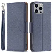 For iPhone 15 Pro Max Wallet PU Leather Case Litchi Texture Stand Anti-drop Phone Cover with Strap