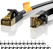 Cat 7 Ethernet Cable 2-Pack 10 FT, Cat7 Flat High Speed 10Gbps 600MHz Shielded Internet Network Patch Black Cord, Ultra Slim RJ45 LAN Cable, for PS5, Modem, Router, LAN, Computer with 25 Cable Clips