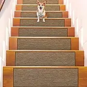 Seloom Linen Non-Slip Stair Treads Carpet for Wooden Steps Indoor, Peel and Stick for Wood Stairs, Machine Washable Runners for Pets, 15 Pack, Coffee (9" x30")