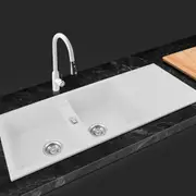 ACA 116x50CM Kitchen Sink Stone Sink Granite Laundry Basin Double Bowl White