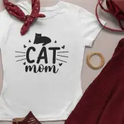 Cat Mom Printed White T-Shirt Cat Desing and Whiskers for Cat Lovers Size M