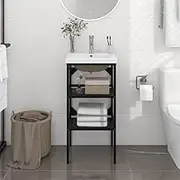 Bathroom Washbasin Frame with Built-in Basin - Black Powder-Coated Iron | Easy Access Storage | Modern Ceramic Design with Overflow | Dimensions: Frame 40x38x83cm, Basin 42x39x18cm | Sturdy