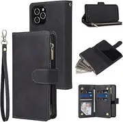 UEEBAI Wallet Case for iPhone 12 iPhone 12 Pro 6.1 inch, Premium Vintage PU Leather Magnetic Closure Handbag Zipper Pocket Case Kickstand Card Holder Slots with Wrist Strap Flip Case - Black