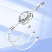 100W USB C to Multi Charging Cable, iPhone 15 Retractable Car Charger with Type C 100W+IP 27W+Micro USB 10W Multi Phone Charger for iPhone 15 14 13 12/Samsung S24 S23/iPad/MacBook/Tablet 4FT White