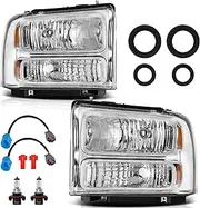 Bincmay Headlight Assembly Fit For 2005-2007 Ford F250 F350 F450 F550 Super Duty/05-07 Ford Excursion 2005 2006 2007 Ford F-250 F-350 F-450 F-550 (Chrome Housing Amber Reflector)