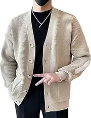 [Generic] Men's V Neck Cable Knit Cardigan V Neck Button Sweater with Pocket for Men Male Button Down Knitted Cardigan