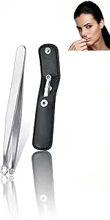 Honwor Universal Nose Hair Trimming Tweezers Stainless Steel Tweezers Eyebrow Clippers Trimmer Friendly Round Tip No Mirror Needed Easy Cut for Noses Sideburns Brow Body (1PCS+Black Leather Case)