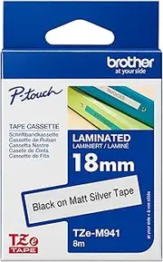 Brother Genuine Tze-M941 Laminated Tape, Black On Silver Matt, 18mm x 8m