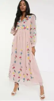 ASOS DESIGN button through maxi dress in trailing floral embroidery in pink