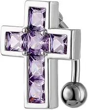[Niaspi] 14G CZ Cross Reversed Belly Button Rings Hypoallergenic Stainless Steel Belly Navel Barbell Belly Button Piercing Jewelry for Women Girls