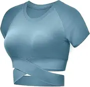 [DREAM SLIM] Workout Crop Tops for Women Sexy Tummy Cross Dance Yoga Tops Slim Fit Stretchy Casual Cotton Short Sleeve Shirts