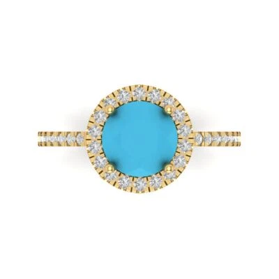 1.85Ct Round Cut Turquoise Solid Gold Halo Engagement Promise Statement Ring