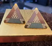 Laurel Burch “Four Seasons” Triangle Gold Teal Lavender Mauve Clip On Earrings