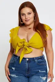 Light Must Crop Top Short Sleeve Tie Front