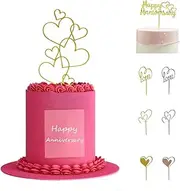 Wedding Cake Toppers Gold Acrylic Happy Anniversary Cake Decorations Love Heart Design Cupcake Toppers for Wedding Bride Anniversary Theme Party Decorations Pack of 8