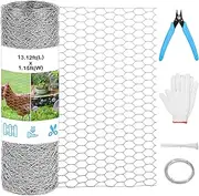 Chicken Wire Mesh 13.7 in x 157 in Silver Floral Chicken Wire Poultry Netting Hexagonal Galvanized PVC Coated Wire Mesh for Floral Arrangements Craft with 30 Zip Ties, Glove and Wire Cutting Pliers