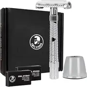 EMIL STUDIO Double Edge Safety Razor + 10 Swedish Platinum Coated Blades + 1 Razor Stand | Butterfly Open | Gift Set (Chrome Silver)