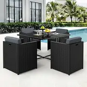 ALFORDSON Outdoor Dining Set Patio Furniture 5pcs Conversation Set, Wicker 5 Pieces Lounge Chair & Glass Top Table Setting, Steel Frame Garden Rattan Armchair with Cushions, Black
