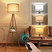 [OUTON] Wood Tripod Floor Lamp with Shelves, 4 Color temperatures Mid Century Dimmable LED Floor Lamp with Remote & ‎Foot Switch, 1H Timer Modern Tall Standing Lamp for Living Room Bedroom Office