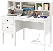HONEY JOY Kids Study Desk, Home Office Desk with Power Outlets, 120cm Computer Desk Workstation w/5-Cubby Hutch, 2 Storage Drawers, Modern Writing Desk w/Charging Station for Study & Work, White