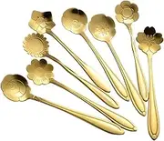 AnSaw 8 Pcs Flower Spoon Set, Stainless Steel Reusable Tea Scoops for Stirring, Coffee, Mixing, Sugar, Dessert, Cake, Ice Cream - Tableware for Tea Parties (Length: 4.9 Inch, Gold)