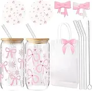 SACXFMC 16oz Glass Cups with Lids & Straws - Borosilicate Bow-Design Tumblers, Leak-Proof for Hot/Iced Drinks, Pink Aesthetic Gift Set for Women (2-Pack)