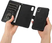 GoshukunTech for iPhone X Case,for iPhone Xs Phone Cover [2 in 1 Wallet Leather Case] Detachable Magnetic Flip Cover with Card Slots,Wrist Strap-Black