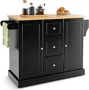 Costway Large Mobile Kitchen Island Cart, Kitchen Island on Hidden Wheels, Rubber Wood Countertop, 3 Deep Drawers, 2 Enclosed Cabinets with Adjustable Shelves, Side Towel Bar & Spice Rack (Black)
