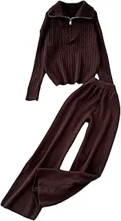 [Generic] Casual Elastic Knitted Sets Ladies Lapel Neck Long Sleeves Tops High Waist Wide Leg Pants Loungewear Two Pieces Suits