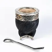 Generic Yerba Mate Gourd with Stainless Steel Bombilla - Handmade Mate Gourd, Mate Drinking Cup, Pumpkin Mate Gourd, Yerba Mate Set, Argentina (Black I), Large